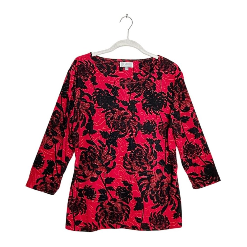JM Collection Petite Floral 3/4 Sleeve Pullover Top in Red & Black - Sz LP